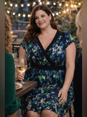 💚Women’s Flattering Abstract Faux Print Wrap Dress in Green and Blue